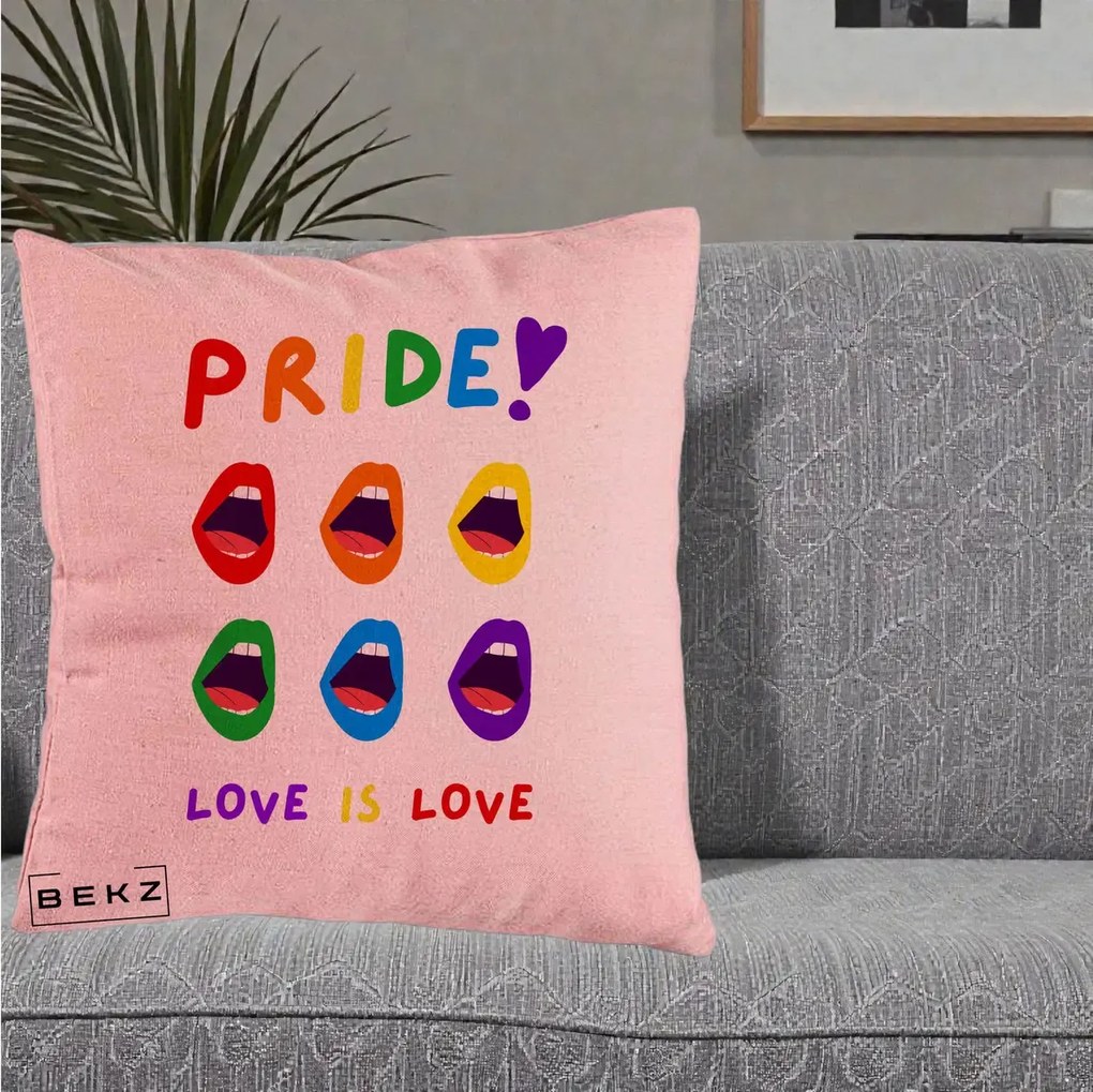 Perna Personalizata Pride Love is Love Curcubeu, 40x40 cm, Roz, Husa Detasabila, Perna Inclusa, BEKZ®