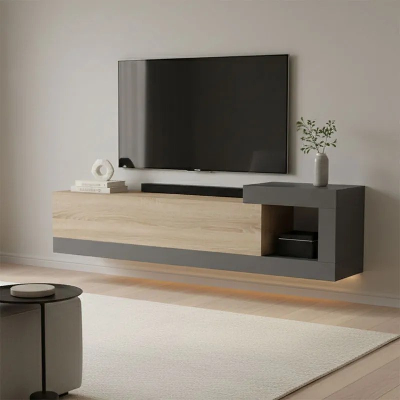 Comoda TV suspendata Flatera, culoare sonoma-antracit, 150 x 29.5 x 38.5 cm