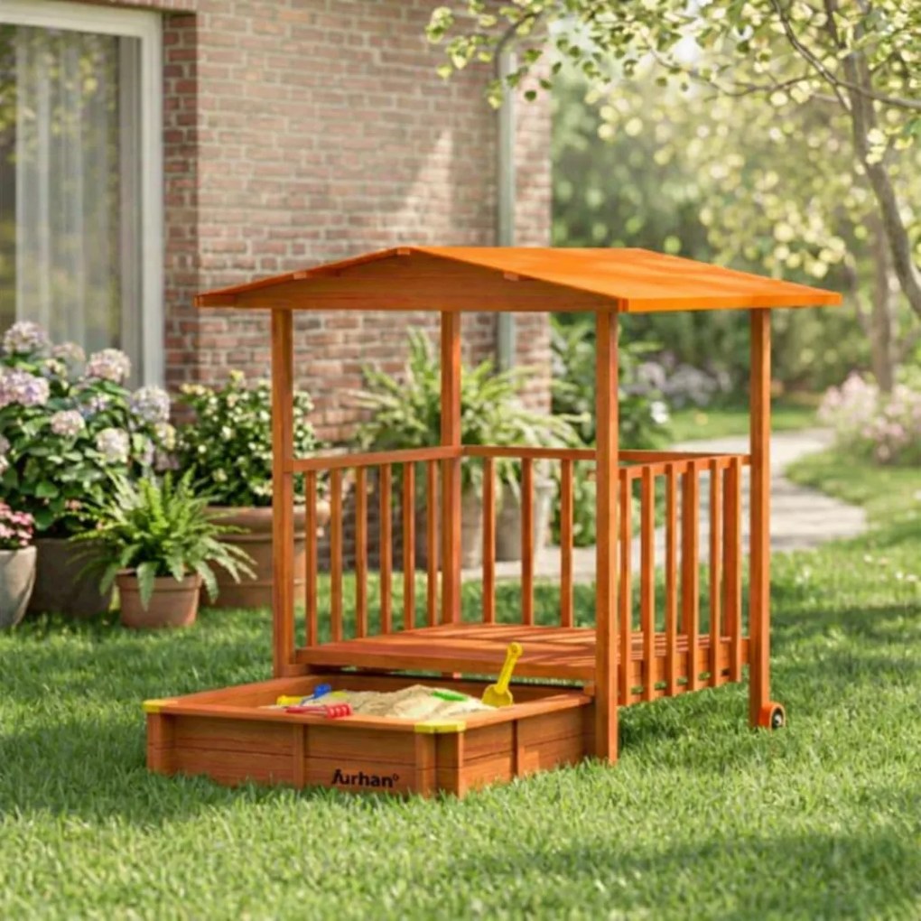 Groapa cu nisip cu verandă SUNNY, 130x130x143cm, maro/portocalie Jurhan