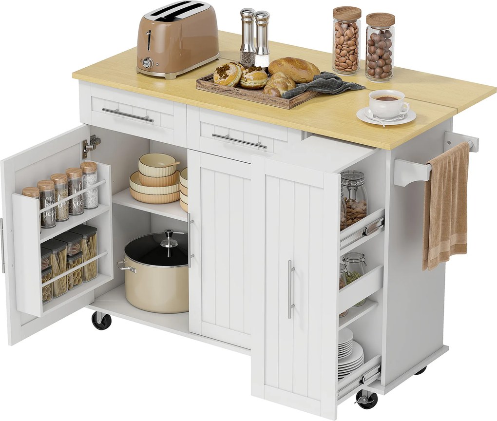 HOMCOM Insulă de bucătărie mobilă, suprafață extensibilă, uși de dulap, sertare, suport pentru prosop, cărucior de bucătărie din MDF, Alb | Aosom Romania