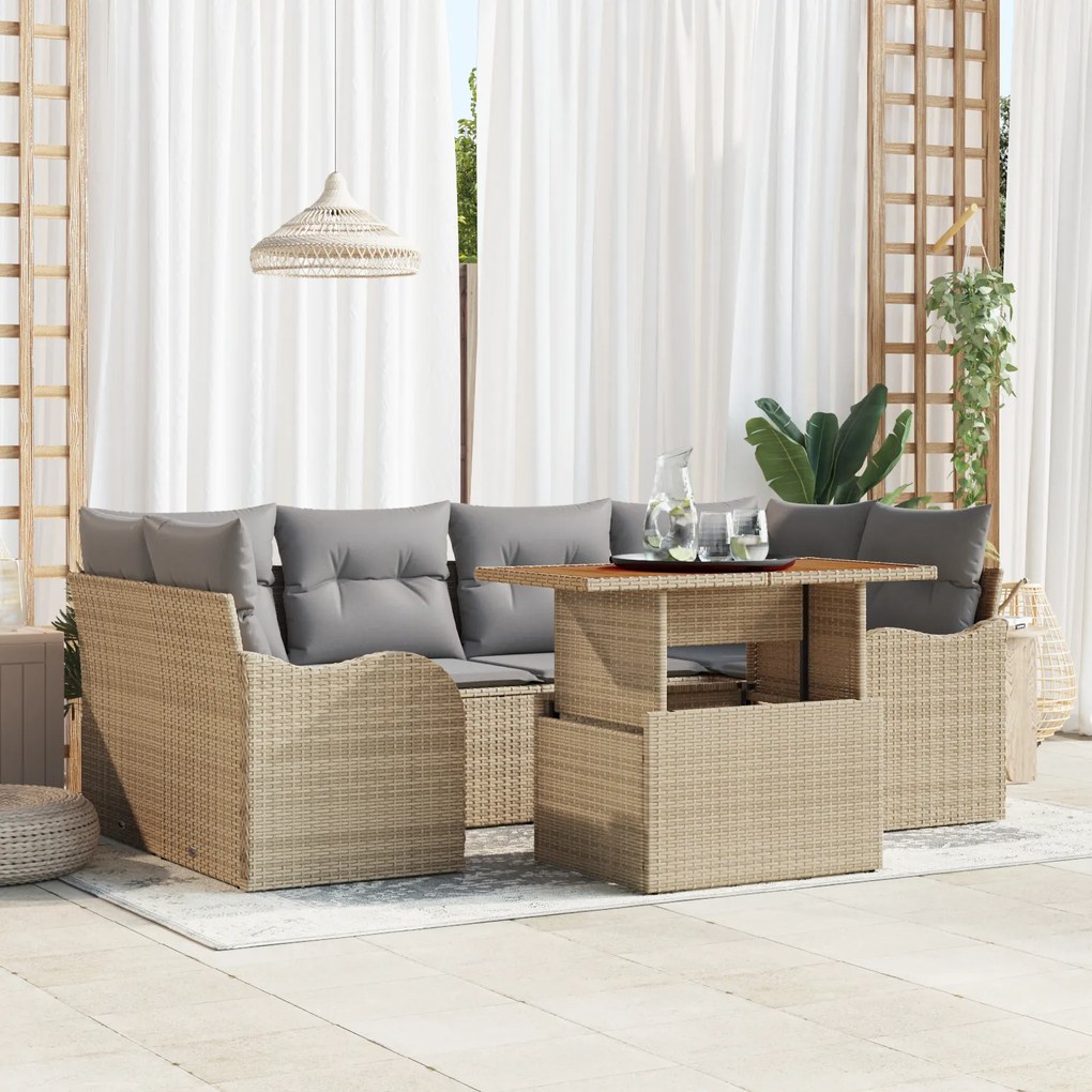 Set Canapea Grădină vidaXL 7 Piese cu Perne Bej Ratan Poli Acacia