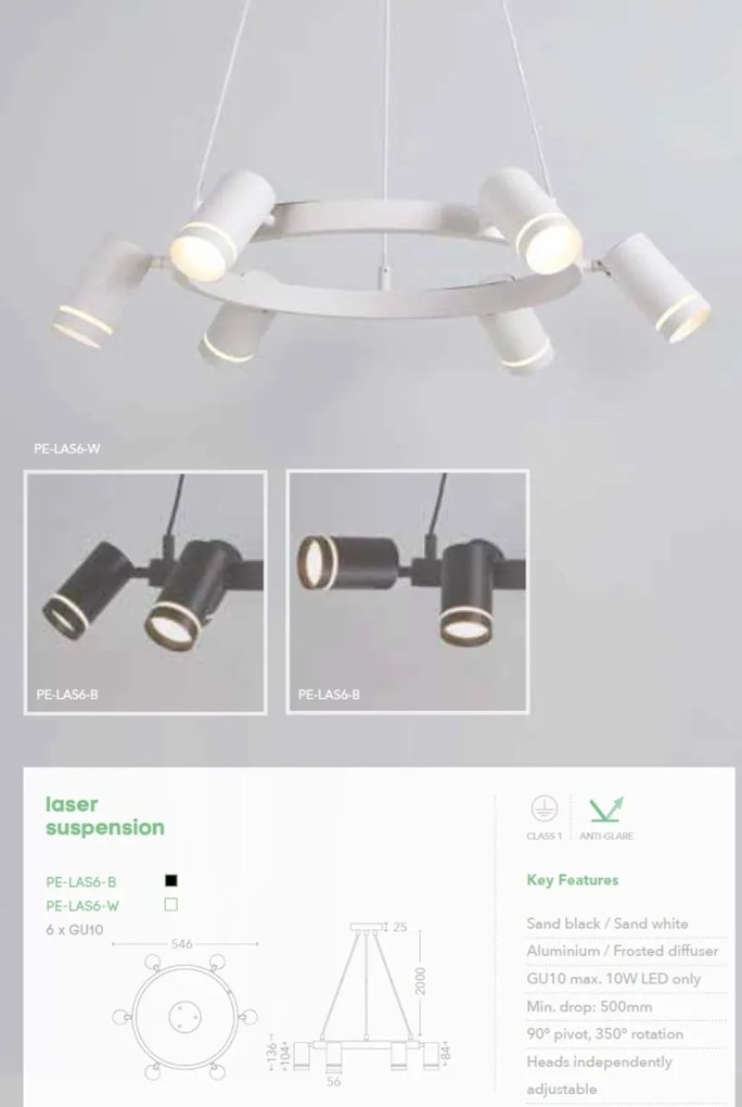 Lustra LED suspendata cu 6 spoturi directionabile, Laser negru