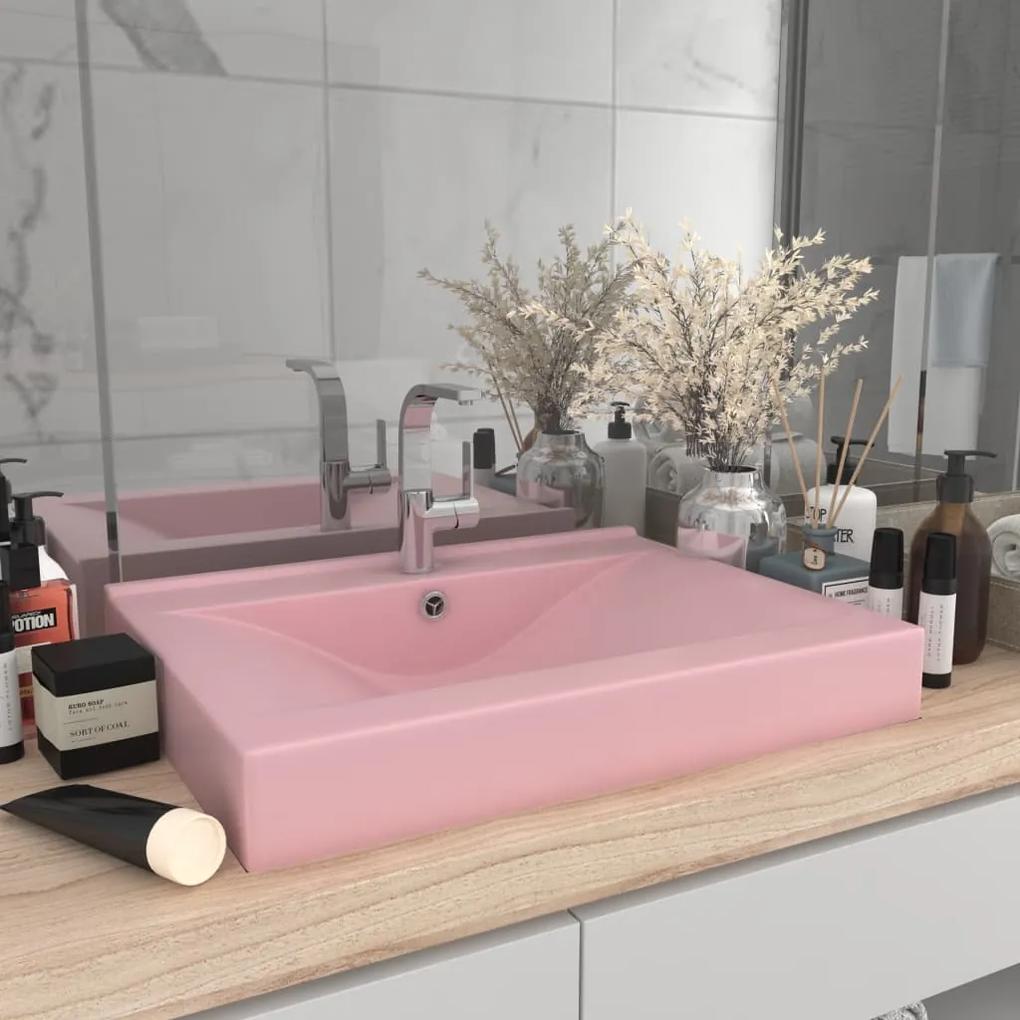 vidaXL Chiuvetă baie lux, orificiu robinet, roz mat 60x46 cm ceramică
