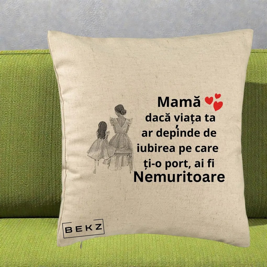 Cadou pentru Mama - Perna Personalizata Mama Nemuritoare Line Art, 40x40 cm, Bej, Husa Detasabila, Perna Inclusa, BEKZ®