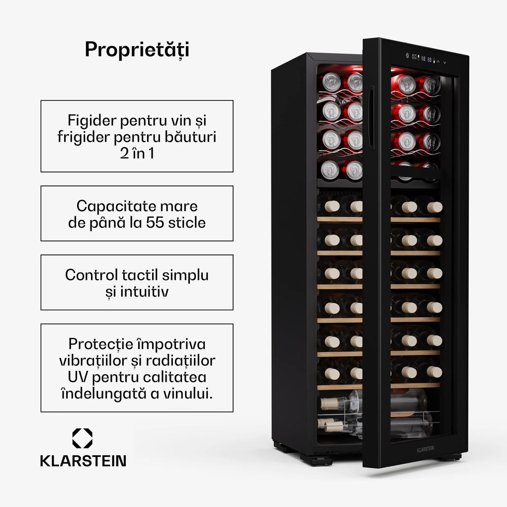 Bovella 55 Duo+ frigider vin, 2 în 1, 55 sticle, 2 zone, 9 rafturi, Control tactil