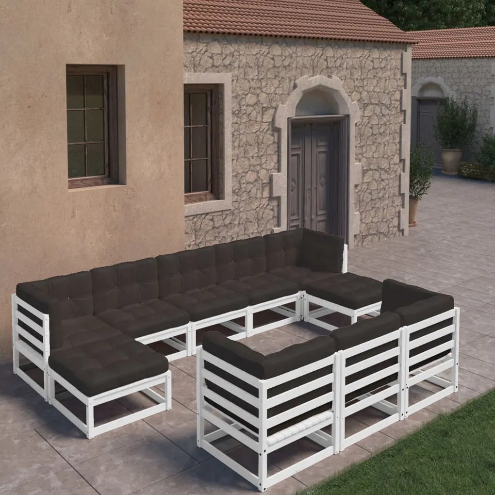 3077165 vidaXL Set mobilier grădină cu perne, 10 piese, lemn masiv de pin