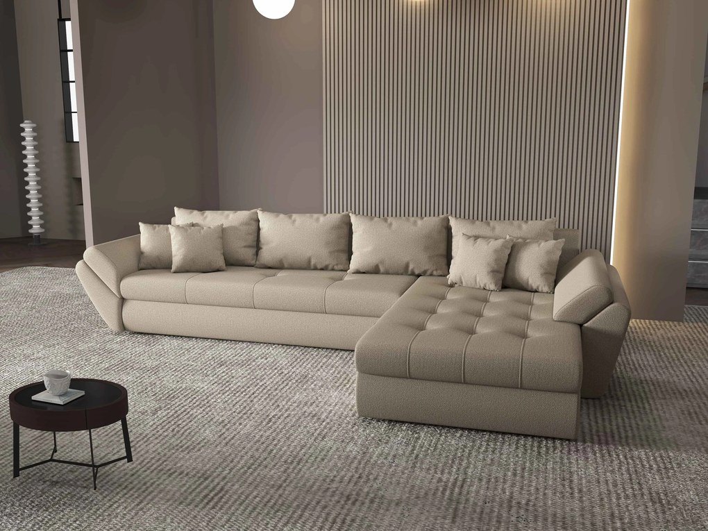 Colțar extensibil dumonde cu ladă de depozitare si sezut confortabil din spuma high-density, Loana XL Enjoy Camel II 335x185 cm