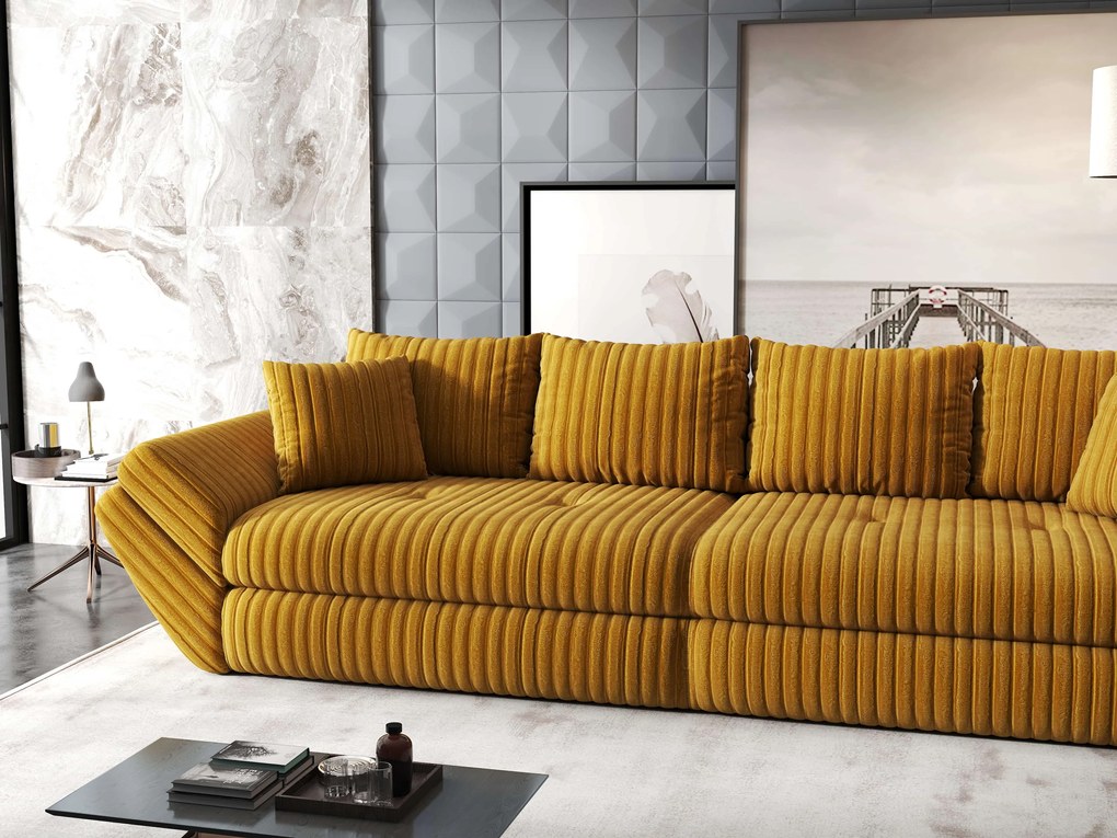 Canapea extensibilă dumonde cu ladă de depozitare si sezut confortabil din spuma high-density, Loana Ambience Mustar 300x100 cm
