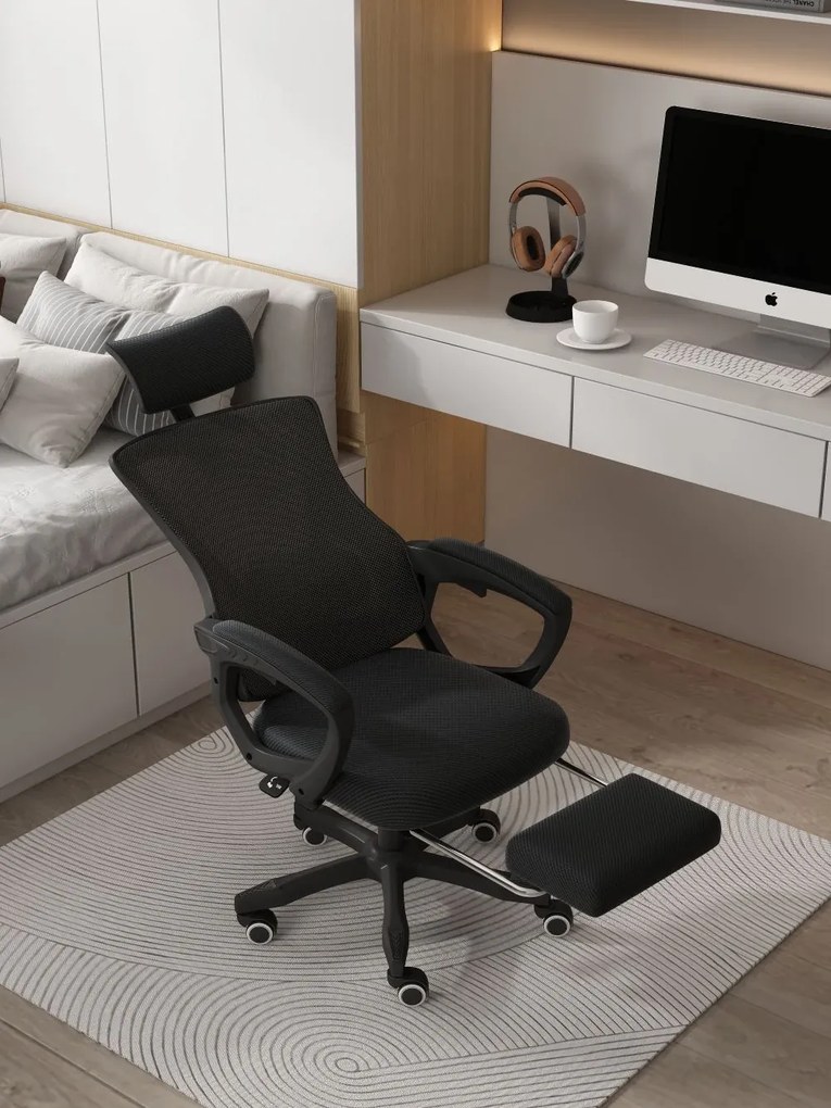 Scaun ergonomic cu suport lombar, pivotant 360°, tetieră reglabilă, suport pentru picioare, Mesh, Negru