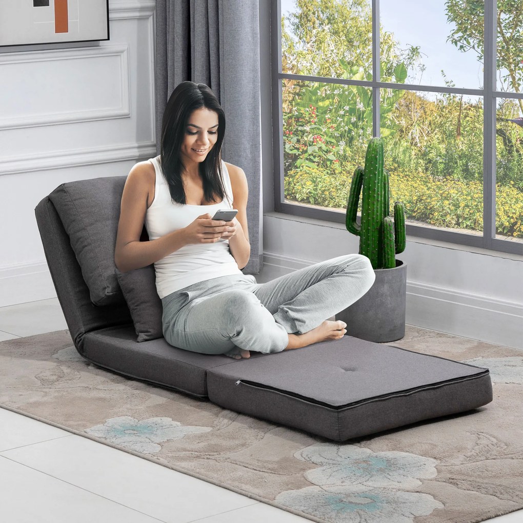 HOMCOM Fotoliu de podea cu pat pliabil, design 2 în 1, pernă detașabilă, 60 x 80 x 56 cm, Gri închis | Aosom Romania