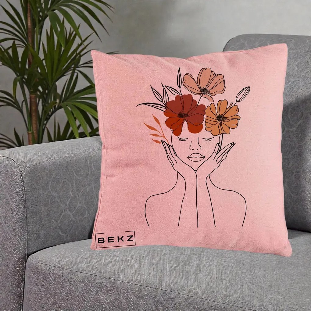 Perna Decorativa Portret Feminin Coroana Trei Flori, 40x40 cm, Roz, Husa Detasabila, Perna Inclusa, BEKZ®