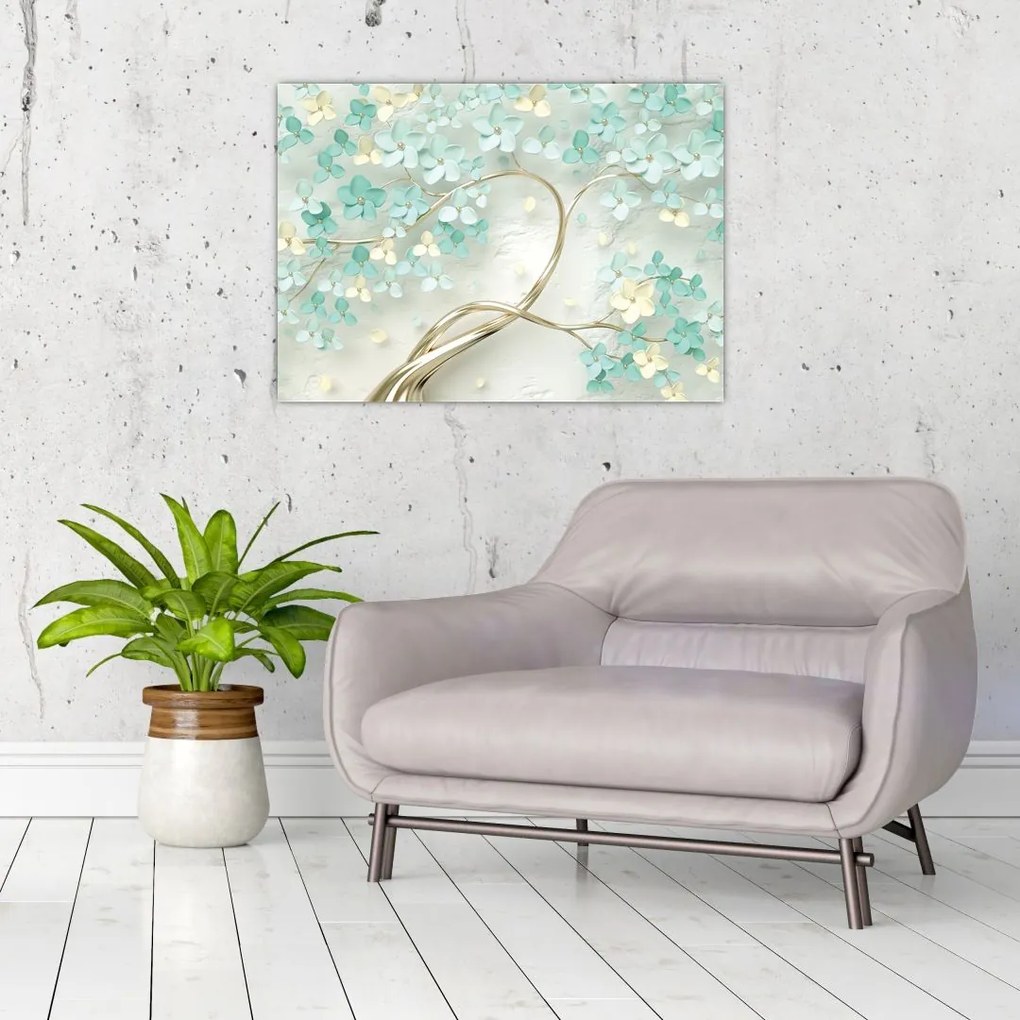 Tablou pe sticlă - Copac auriu înflorit (70x50 cm)