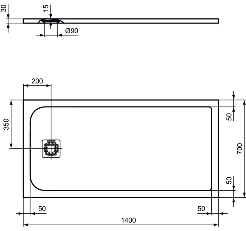 Cadita dus compozit 140x70 cm Ideal Standard Ultra Flat S, gri asfaltic Gri asfaltic, 1400x700 mm