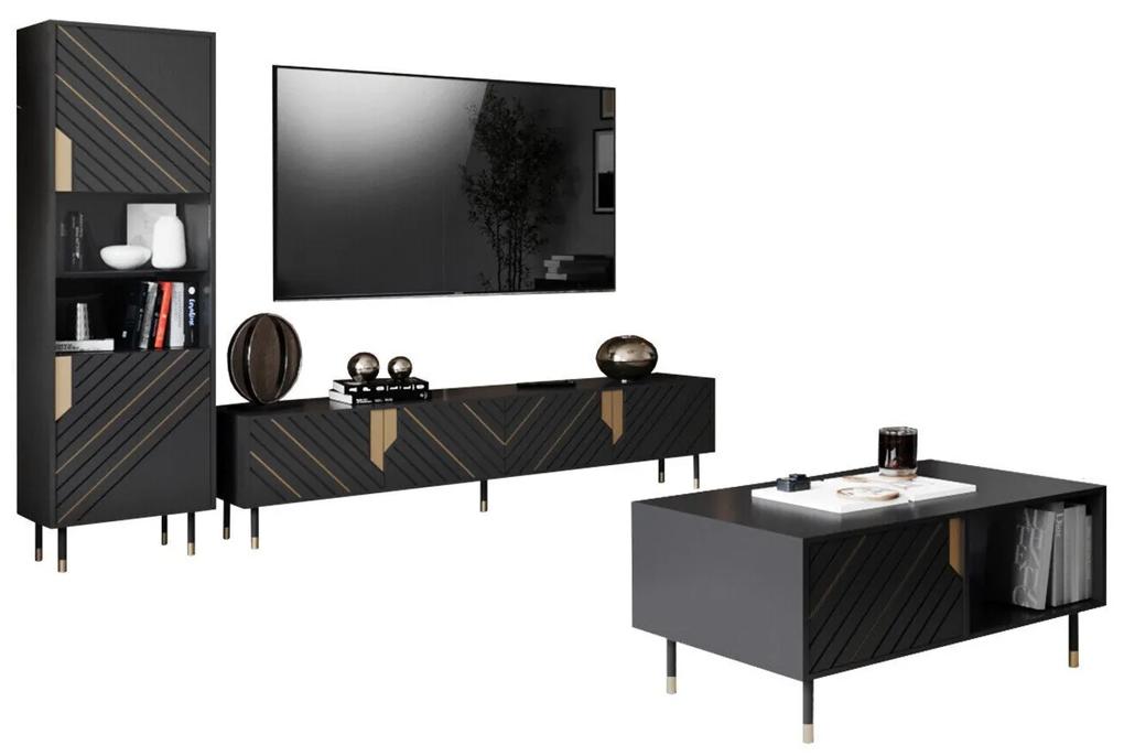 Camera de zi Charlotte P107De aur, Negru, Părți separate, Cu comodă tv, Cu componente suplimentare, MDF, PAL laminat, Sticlă călită