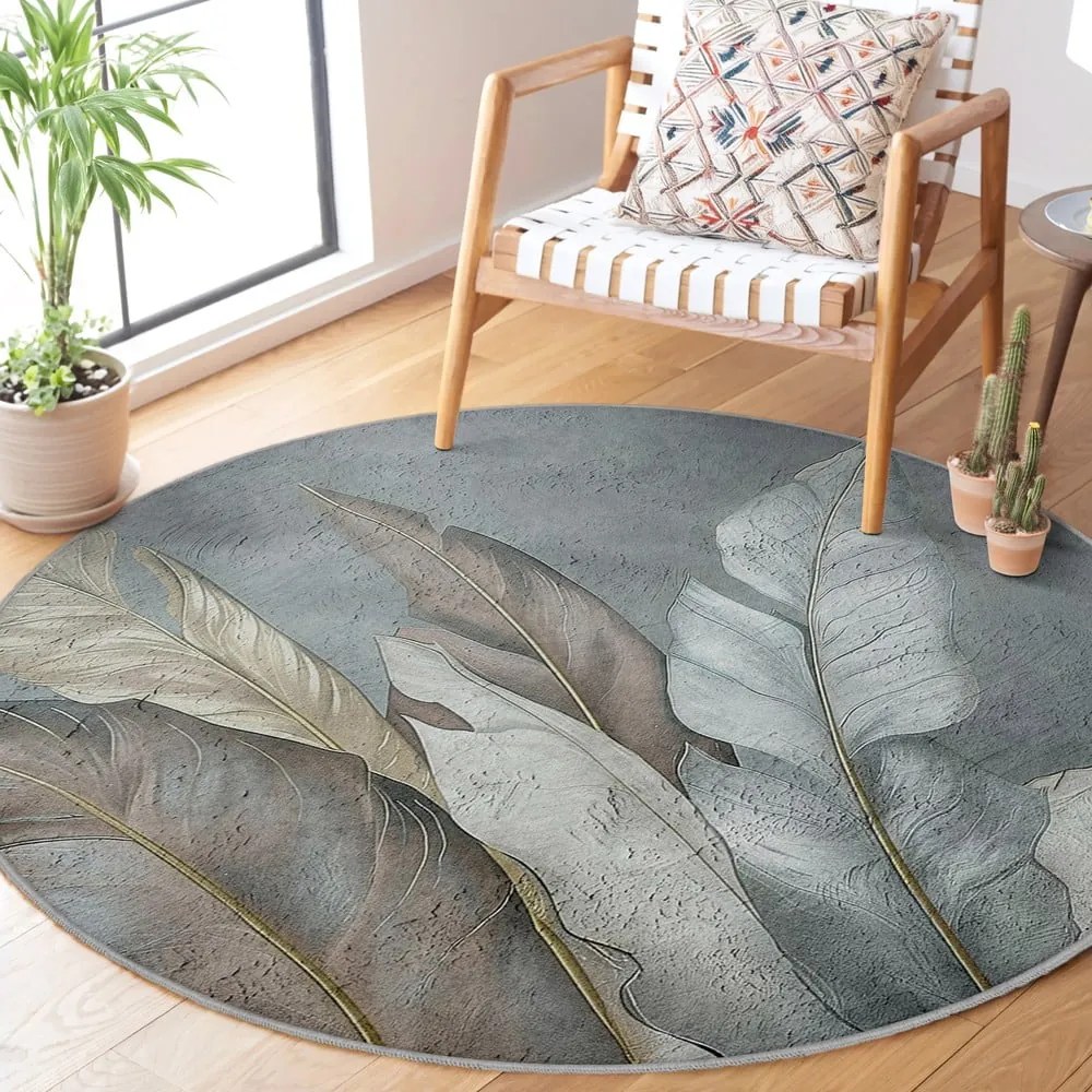 Covor verde/gri lavabil rotund ø 150 cm Dusty Leaves – Mila Home