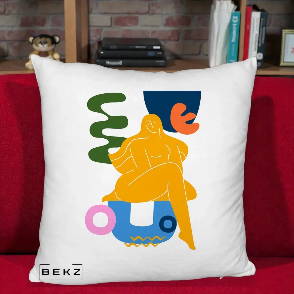 Perna Decorativa Femeie Relaxata Abstract, 40x40 cm, Alb Pufos, Husa Detasabila, Perna Inclusa, BEKZ®