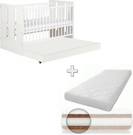 Patut din lemn cu sertar Paula Alb + Saltea Comfort 12 cm