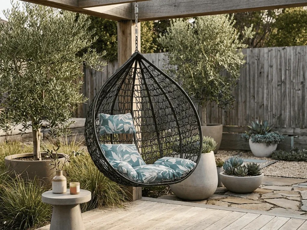 Scaun suspendat negru KOKON fara suport, perna verde-alba