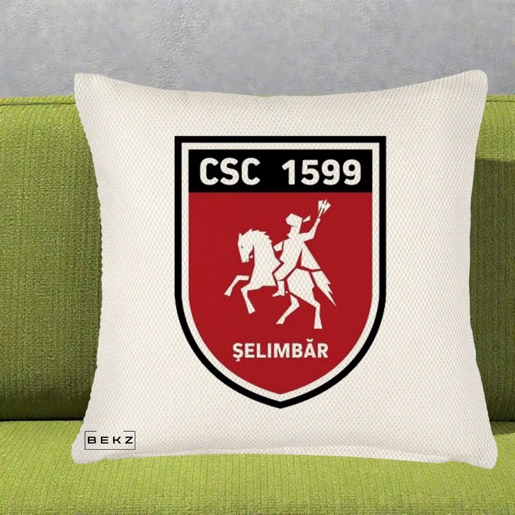 Perna Personalizata CSC 1599 Selimbar Fotbal, 40x40 cm, Crem Reliefat, Husa Detasabila, Perna Inclusa, BEKZ®