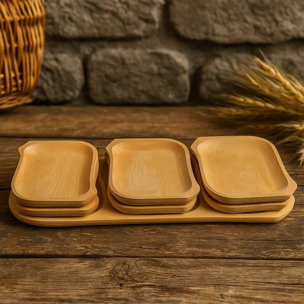 Set 6 Farfurii + Platou Lemn de Fag pentru Servire