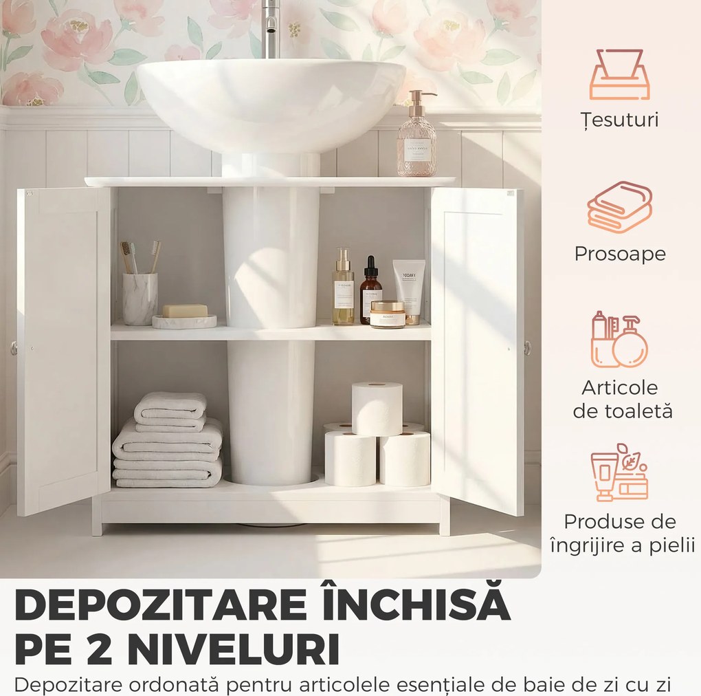 Kleankin Dulap Sub Chiuvetă cu 2 Uși și Raft Reglabil, Dulap de Baie Spațios cu Decupaj în Formă de U, 60x30x60 cm, Alb | Aosom Romania