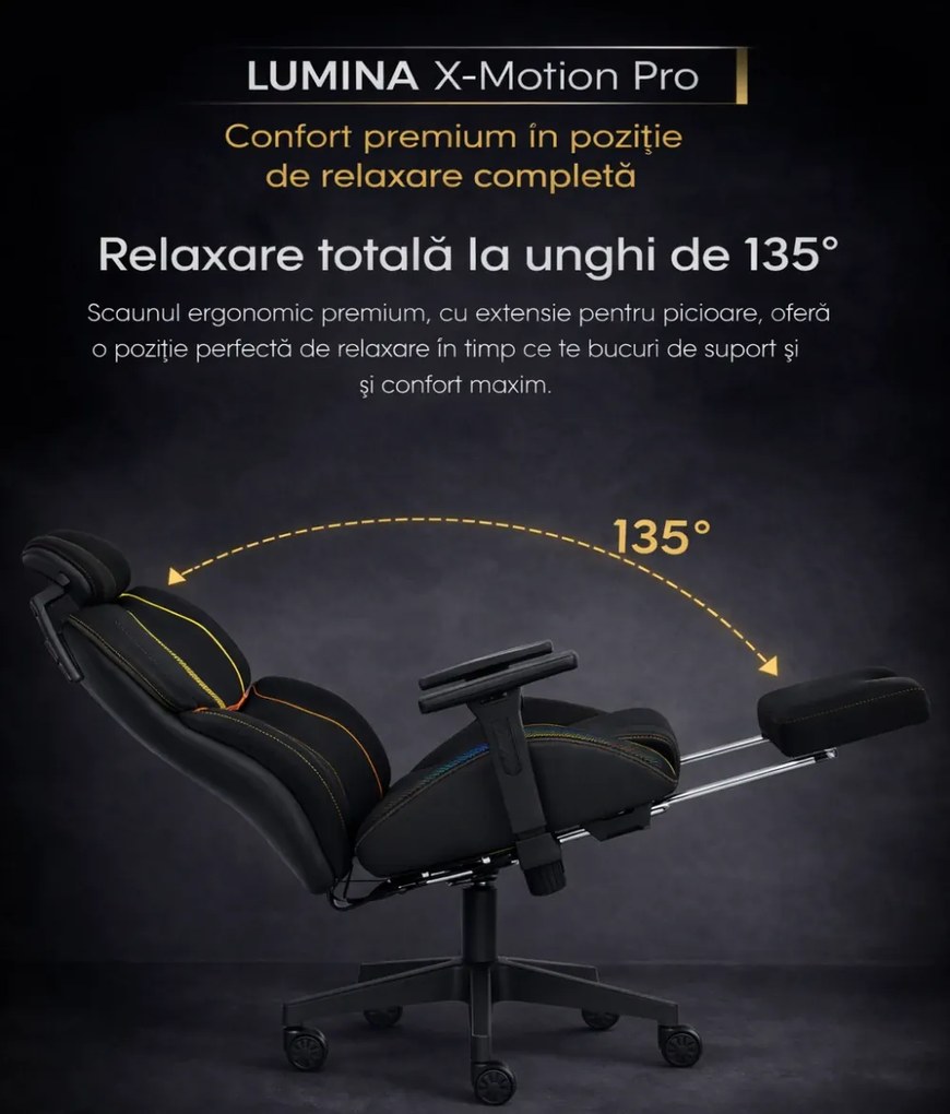 LUMINA X-Motion Pro –Scaun Gaming & Office Premium cu LED RGB, Masaj Lombar, Translație Șezut și Suport pentru Picioare – Confort Inteligent și Design Spectaculos, Textil, Negru/Galben
