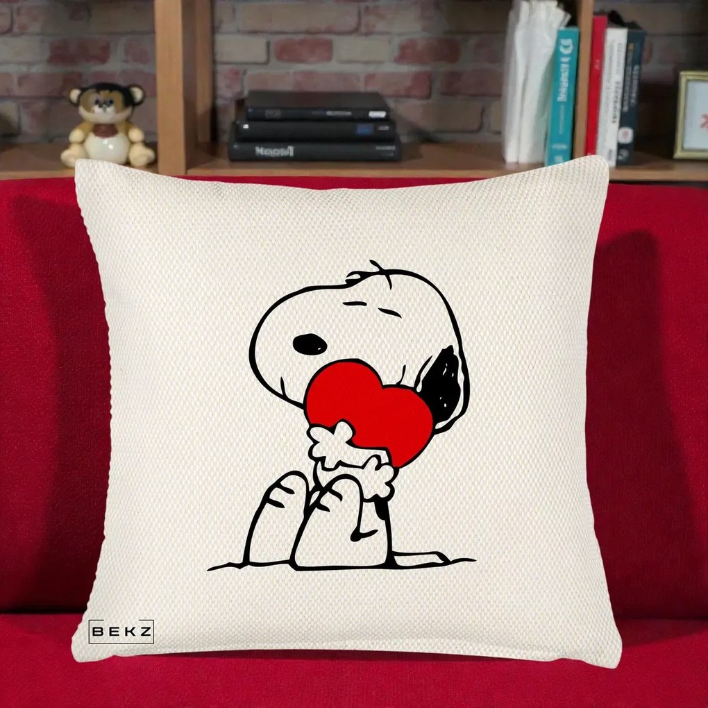 Perna Personalizata Snoopy cu Inima, 40x40 cm, Crem Reliefat, Husa Detasabila, Perna Inclusa, BEKZ®