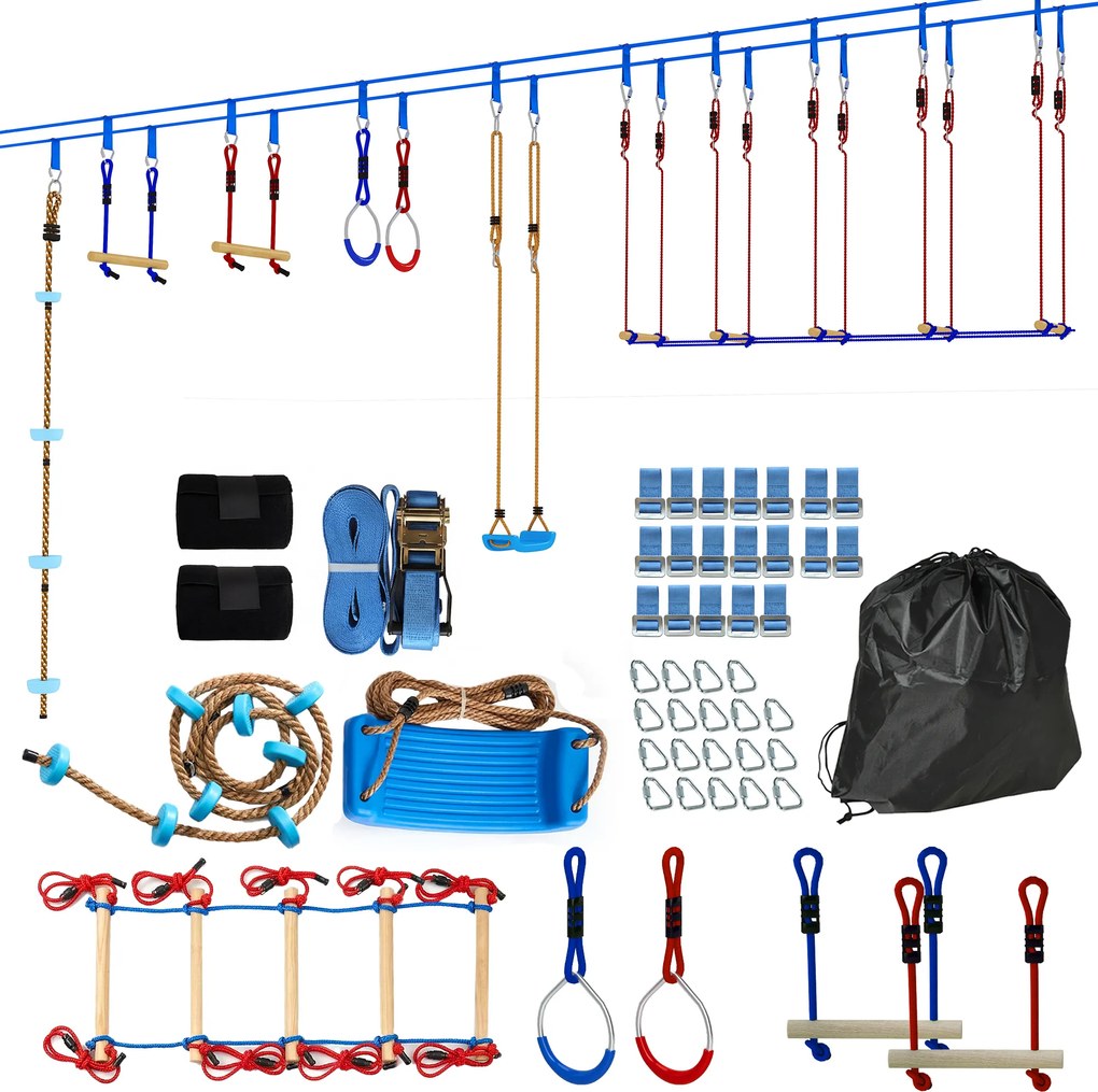 AIYAPLAY Ninja Line Set Slackline copii 24 m cu inele gimnastice, 7 obstacole, bară de cățărat, pod de echilibru pentru 3-6 ani Roșu+Albastru | Aosom Romania