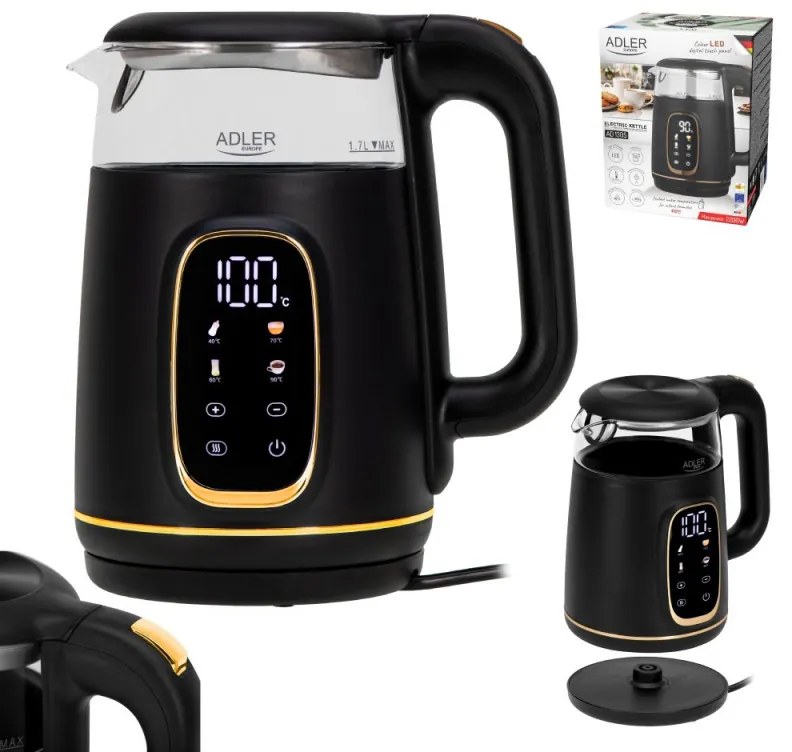 Cana electrica Adler AD 1305, 1850/2200 W, 1,7 l, Control tactil, Afisaj LCD color, 5 setari temperatura 40-100°C, Filtru antidecantare, Negru/galben