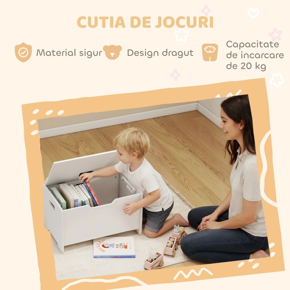 AIYAPLAY Cutie pentru jucării din lemn în formă de urs cu capacitatea de 20 kg, 60x38x48 cm, alb | Aosom Romania