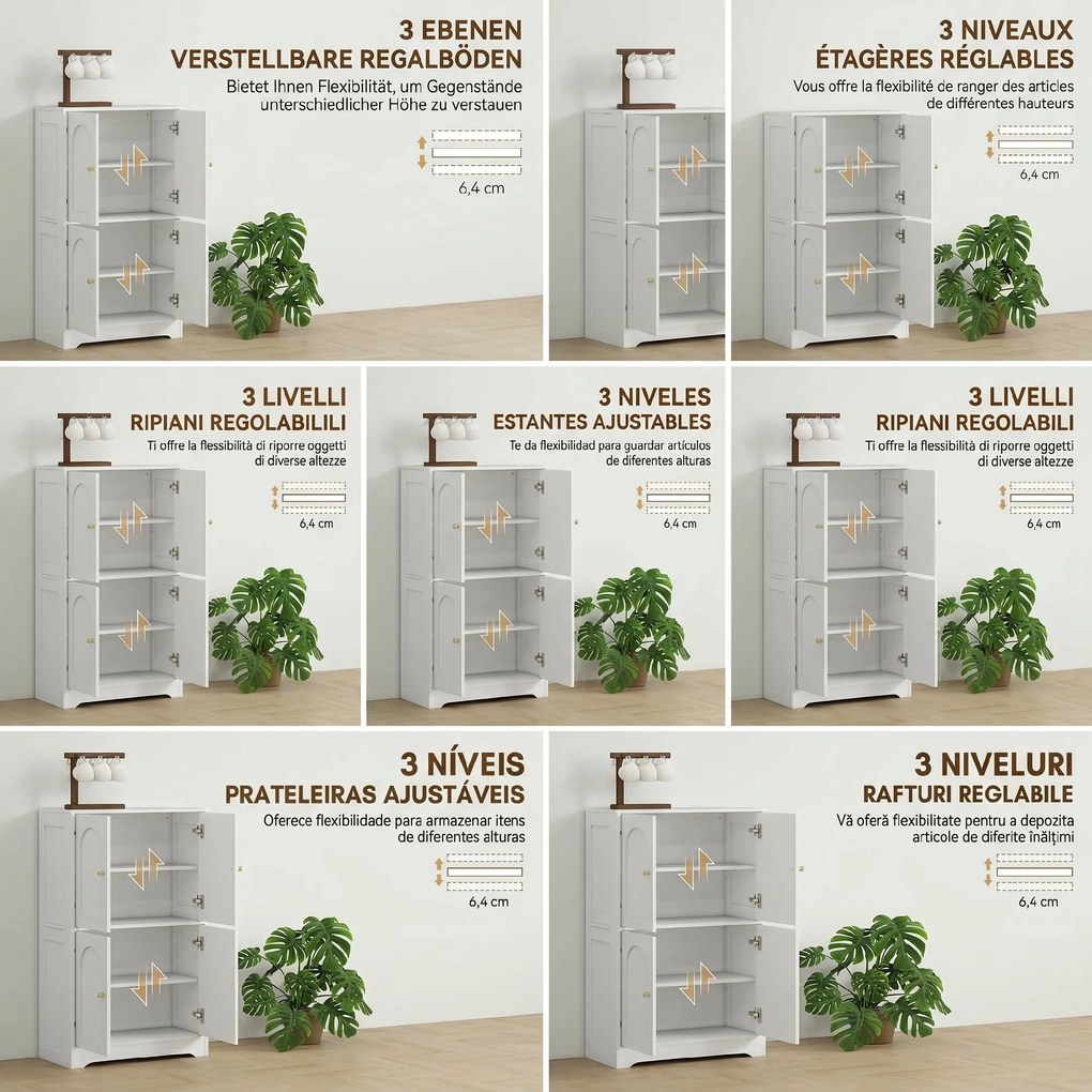HOMCOM Comodă Bucătărie, Dulap Bucătărie cu 2 Dulapuri, 4 Uși Arcuite, 2 Rafturi Reglabile, cu Dispozitiv Anti-Răsturnare, 60x30x110 cm, pentru Sala de Masă, Living, Alb | Aosom Romania