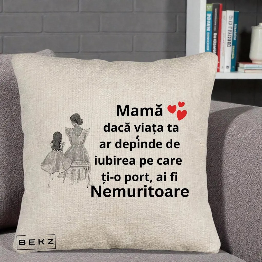 Cadou pentru Mama - Perna Personalizata Mama Nemuritoare Line Art, 40x40 cm, Bej Canapea, Husa Detasabila, Perna Inclusa, BEKZ®
