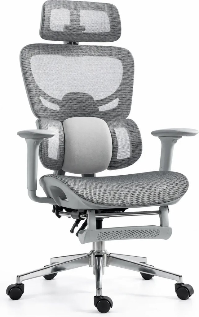 ErgoVanta Mesh — Scaun ergonomic, Suport lombar reglabil, Tetieră 2D, Cotiere reglabile, Mecanism cu blocare, Suport pentru picioare retractabil, Mesh, Gri