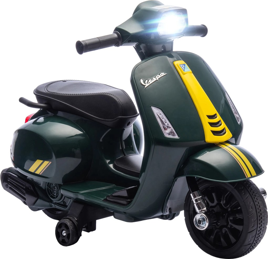 AIYAPLAY Motocicletă Electrică pentru Copii cu Licență Vespa, Baterie Reîncărcabilă 6V, Roți Laterale și Lumini, Vârsta 2-6 Ani, Verde Închis | Aosom Romania