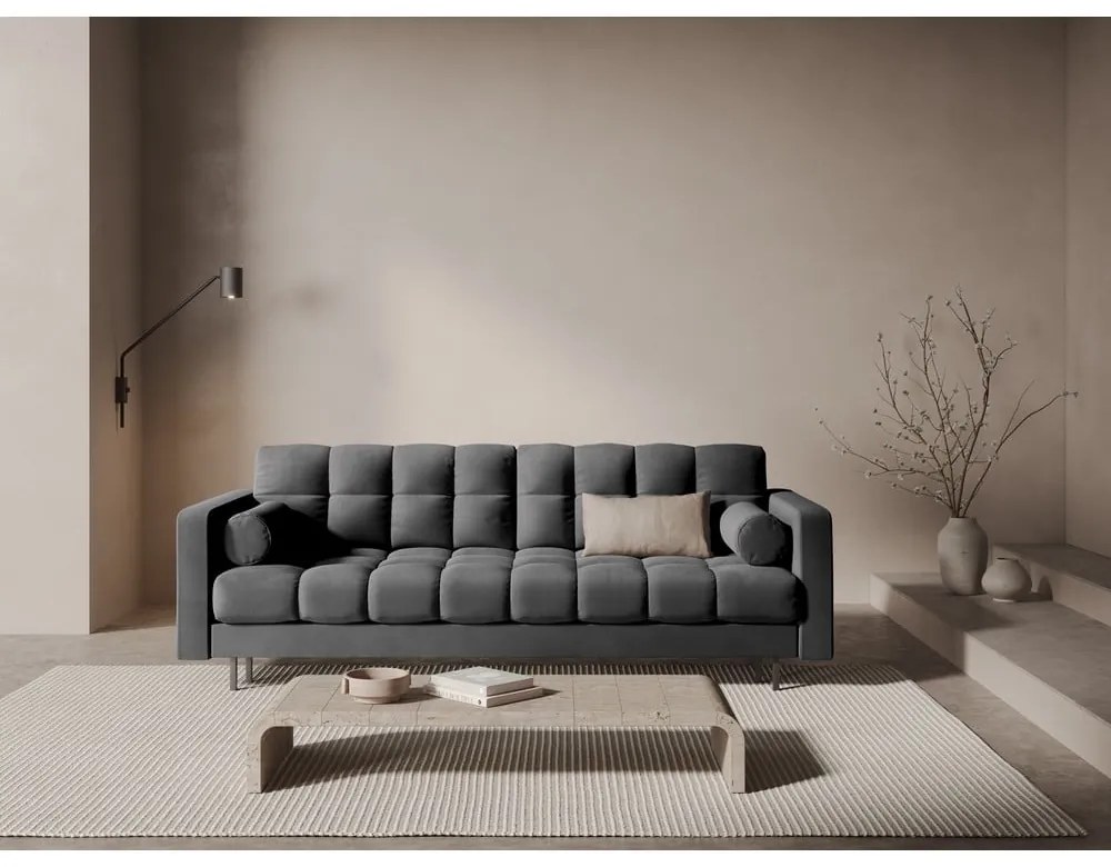 Canapea gri închis extensibilă, cu spațiu de depozitare cu tapițerie din catifea 222 cm Bali – Cosmopolitan Design