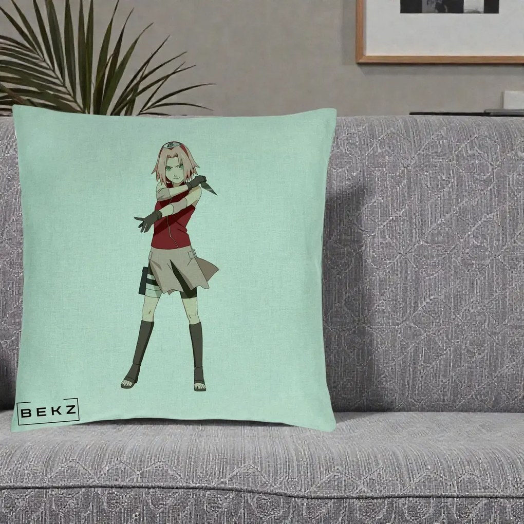 Perna Personalizata Naruto Sakura Haruno Portret, 40x40 cm, Verde Menta, Husa Detasabila, Perna Inclusa, BEKZ®