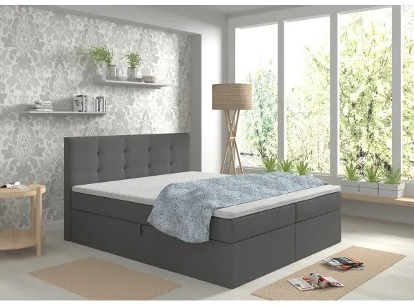 Pat tapițat EMBER 180x200 cm, antracit, cu saltele, topper și spațiu de depozitare