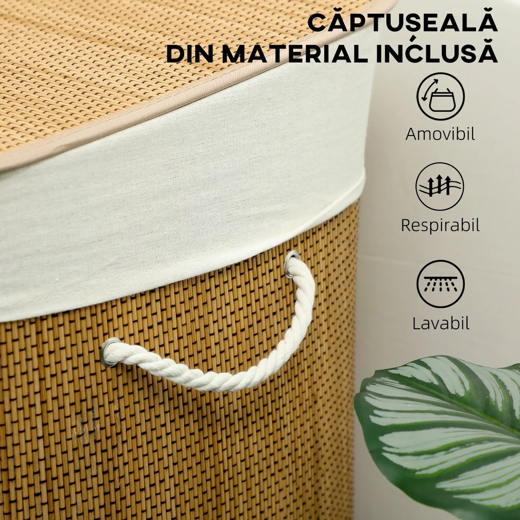 HOMCOM Coș pentru Rufe din Bambus cu Capac, 144L, 3 Compartimente, Sac Detașabil și Lavabil, Mânere, Maro | Aosom Romania