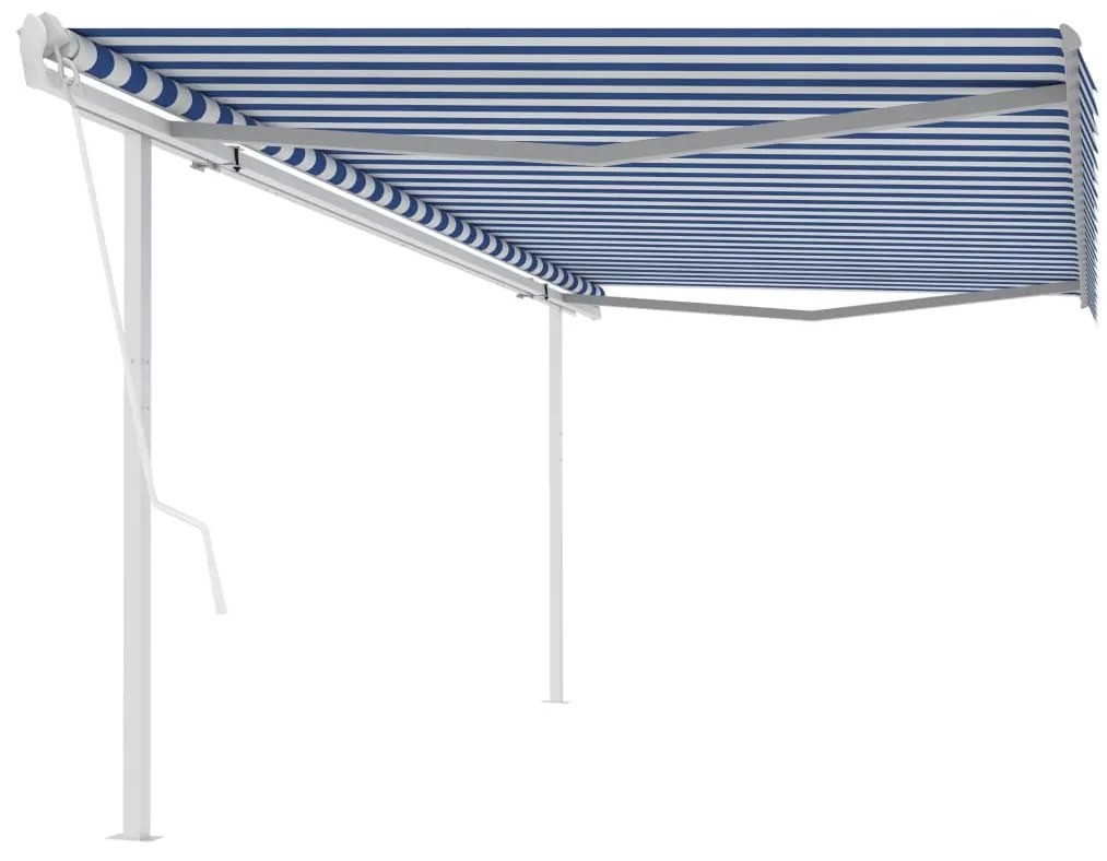 vidaXL Copertină retractabilă automat, cu stâlpi, albastru&amp;alb, 5x3 m