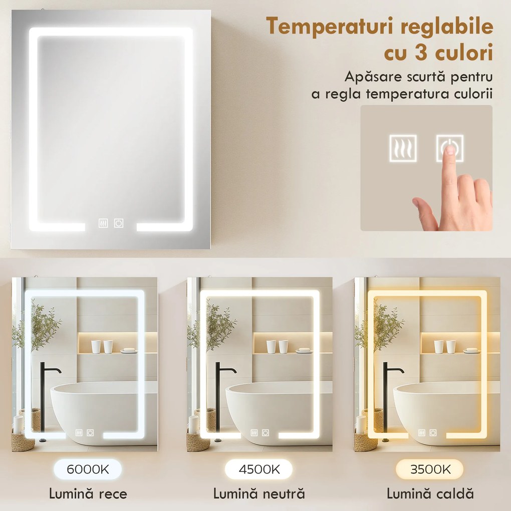 HOMCOM Dulap Baie cu Oglindă și LED, 50x15x60 cm, Anti-Aburire, Rafturi Reglabile, 3 Temperatură de Lumină, Dulap Suspendat din MDF, Alb | Aosom Romania