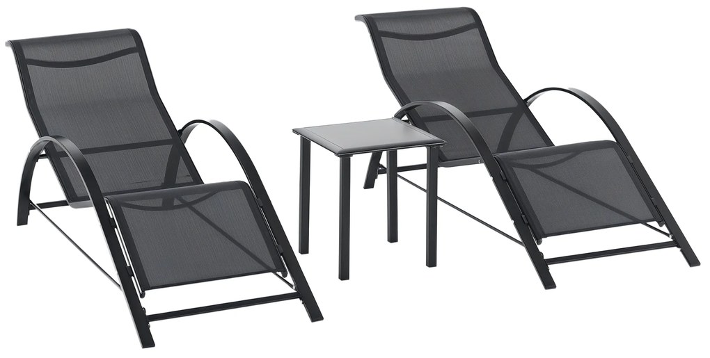 Outsunny Set 2 sezlonguri si masuta cu blat din sticla, sezlong pentru gradina din material respirabil si metal, 59x169x66 cm, negru