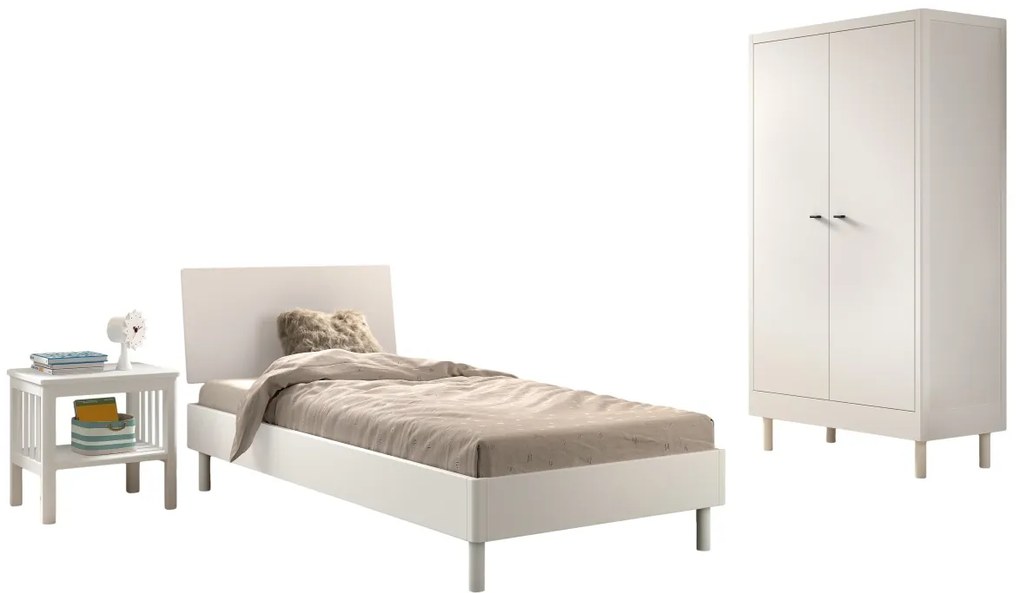 Set Mobilier Camera Copii Forrest Beech, Pat 90x200 cm, Dulap cu 2 Uși și Noptieră, din Lemn de Fag Lăcuit Alb – Vipack