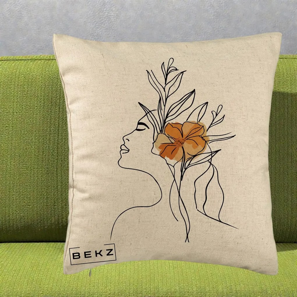 Perna Decorativa Portret Feminin Floare Portocalie Lateral, 40x40 cm, Bej, Husa Detasabila, Perna Inclusa, BEKZ®