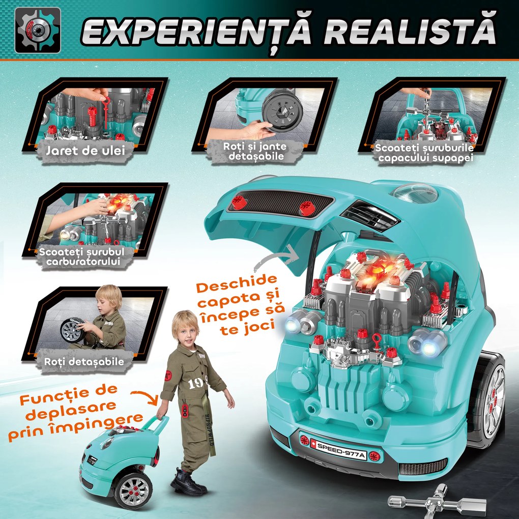 HOMCOM Atelier Reparații Jucărie, Camion cu Motor și 61 Accesorii pentru Copii, cu Roți și Mâner, 40x39x47 cm, Albastru | Aosom Romania