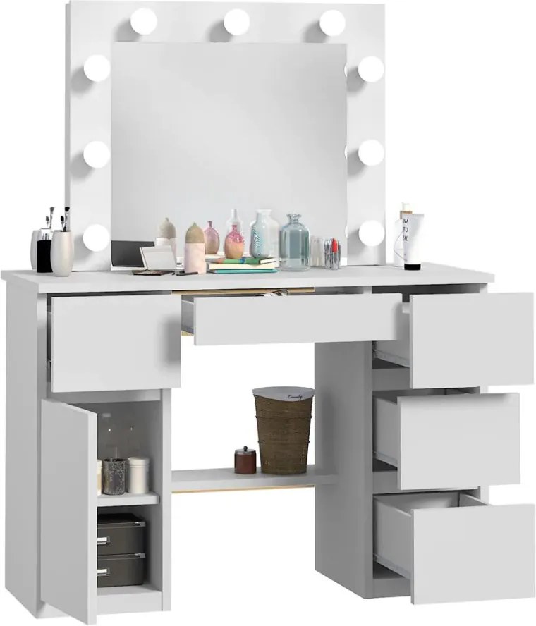 Masuta machiaj cu Oglinda LED si 5 Sertare pentru Cosmetice, Set Masa toaleta 120 cm, Alb, masuta cosmetica, vanity - SEA546