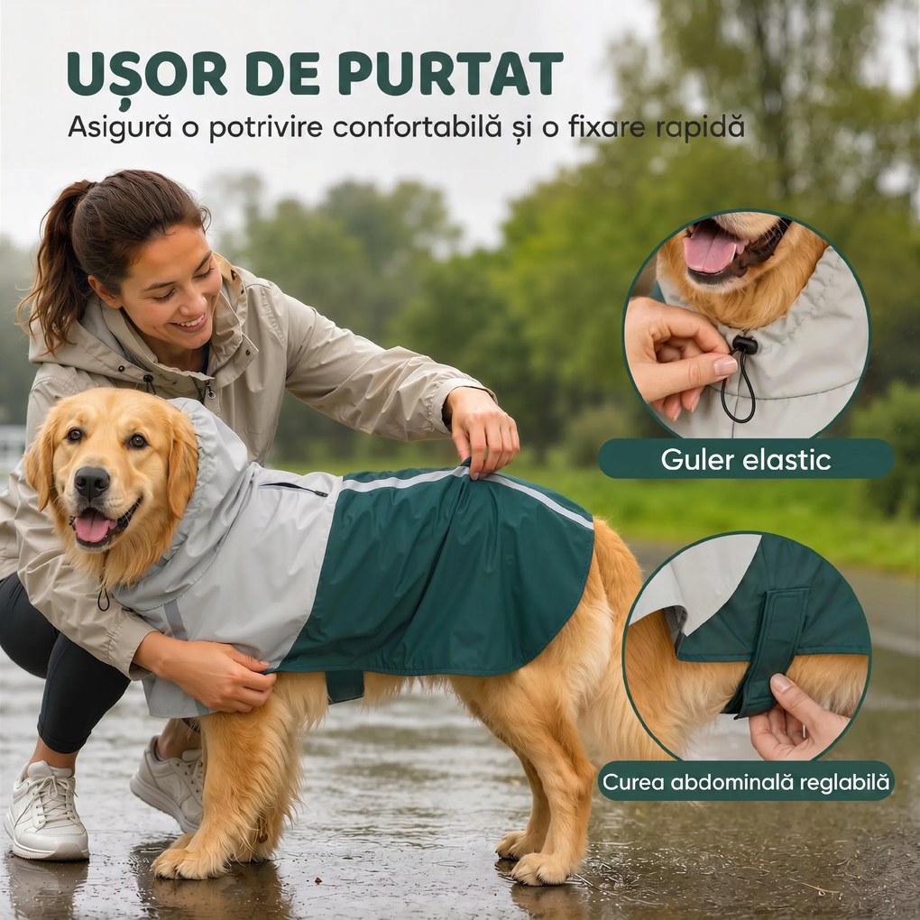 PawHut Impermeabil pentru Câini cu Glugă Orificiu pentru Lesă și Benzi Reflectorizante, pentru Câini Talie Mare, Verde | Aosom Romania