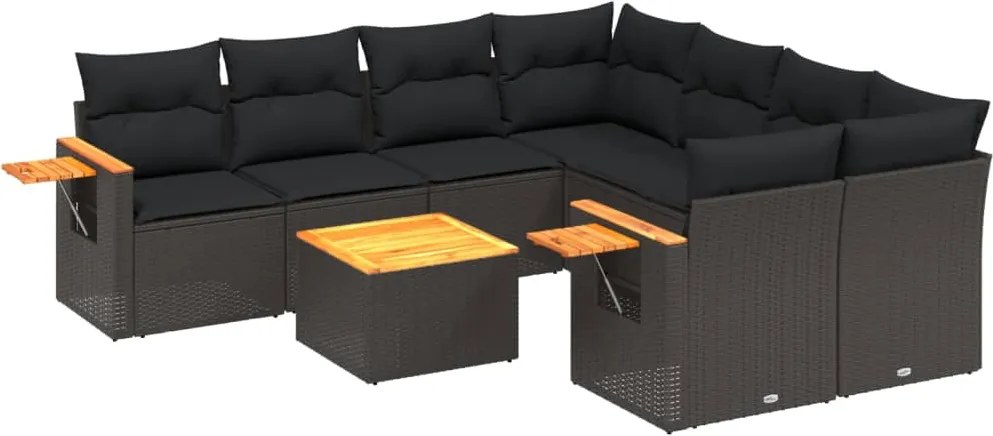 vidaXL Set mobilier de grădină cu perne, 9 piese, negru, poliratan