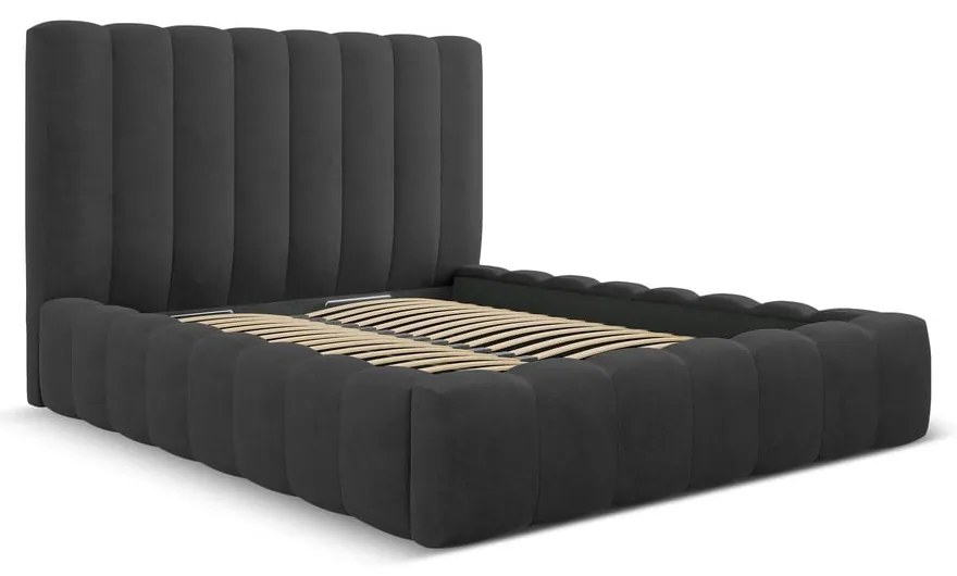 Pat matrimonial gri antracit tapițat cu spațiu de depozitare cu somieră 180x200 cm Kelp – Micadoni Home