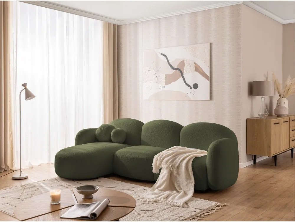 Colțar verde cu tapițerie din țesătură bouclé (cu colț pe partea stângă/cu șezlong) Orbit – Ropez