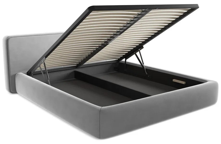 Pat matrimonial gri tapițat cu spațiu de depozitare cu somieră 180x200 cm Kiana – Makamii